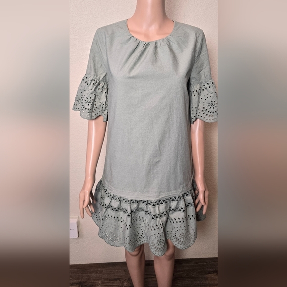 Madewell Eyelet Drop Waist Mini Dress 100% Cotton in Sage Green Size Small - Picture 4 of 11